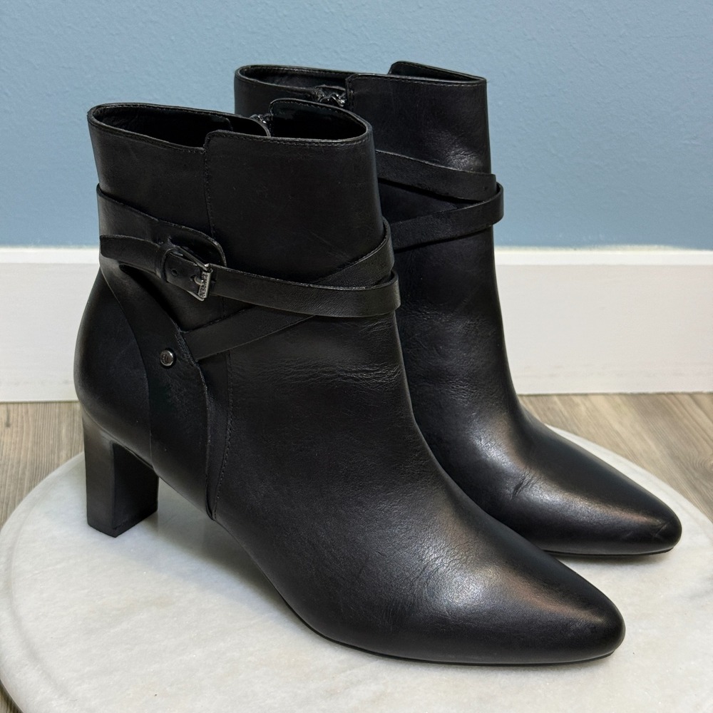 Lauren Ralph Lauren Nadia Black Leather Ankle Boots Pointed Toe Block Heel 8.5B